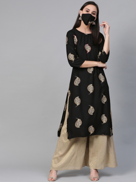 

Sringam Women Black & Golden Printed Straight Kurta with Matching Mask