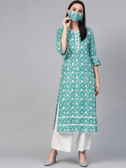 

Sringam Women Blue & White Printed Straight Kurta with Matching Mask