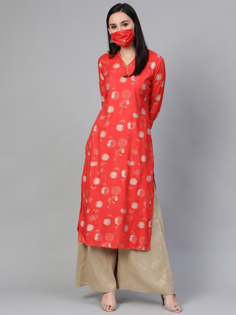 

Sringam Women Red & Off-White Floral Print Straight Kurta with Mask