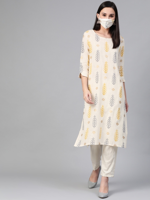 

Sringam Women Off-White Grey Printed Straight Kurta