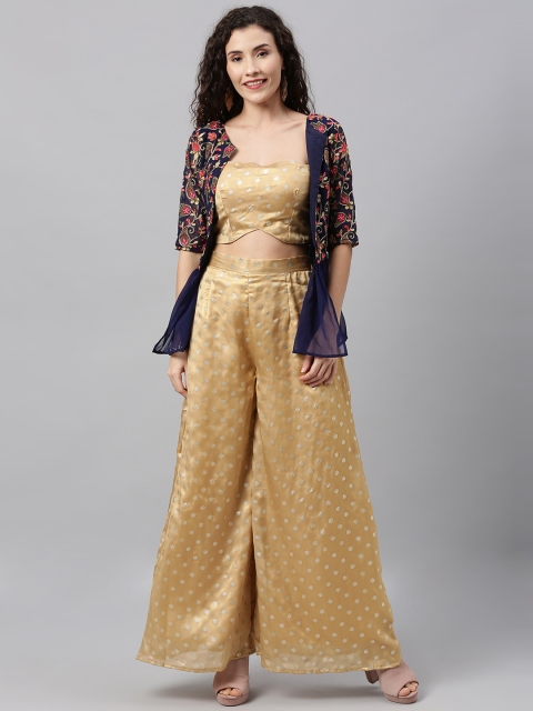 

EthnoVogue Women Beige Printed Made to Measure Clothing Set with Ethnic Jacket