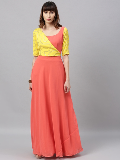 

EthnoVogue Women Peach-Coloured Solid Fit and Flare Dress