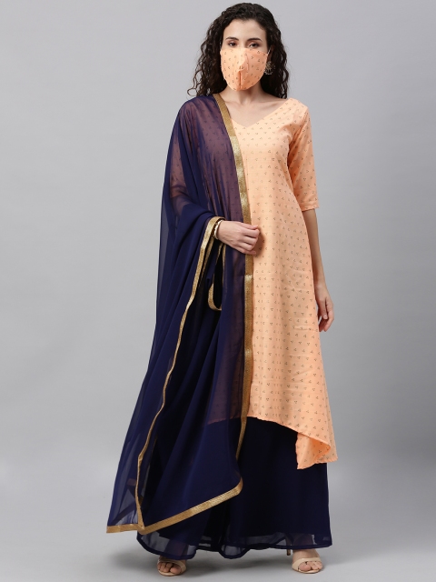 

Bollywood Vogue Women Peach-Coloured Navy Printed Made To Measure Kurta Set