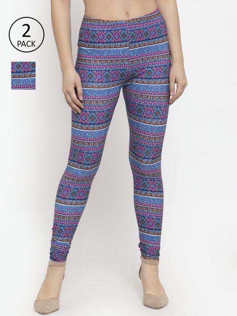 

KLOTTHE Women Pack Of 2 Blue & Pink Printed Churidar-Length Leggings