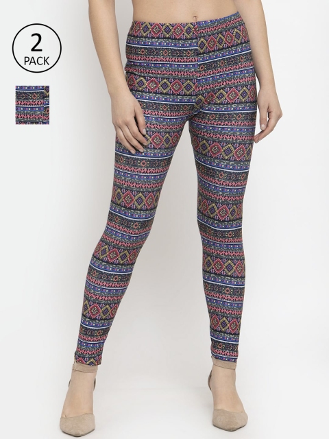 

KLOTTHE Women Pack Of 2 Black & Blue Printed Ankle-Length Leggings