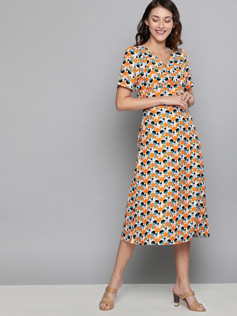 

HERE&NOW Women Orange & Teal Green Printed A-Line Dress