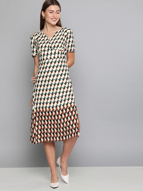 

HERE&NOW Women Beige & Teal Green Printed A-Line Dress