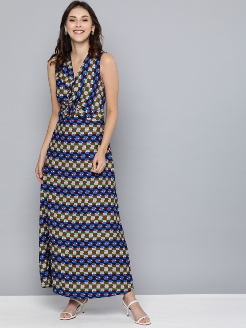 

HERE&NOW Women Multicoloured Geometric Printed Maxi Dress with Front Knot, Multi
