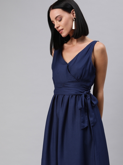 

HERE&NOW Women Navy Blue Solid Gathered Fit and Flare Dress