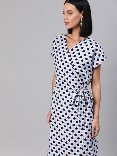 

HERE&NOW Women Blue & Pink Geometric Printed Wrap Dress