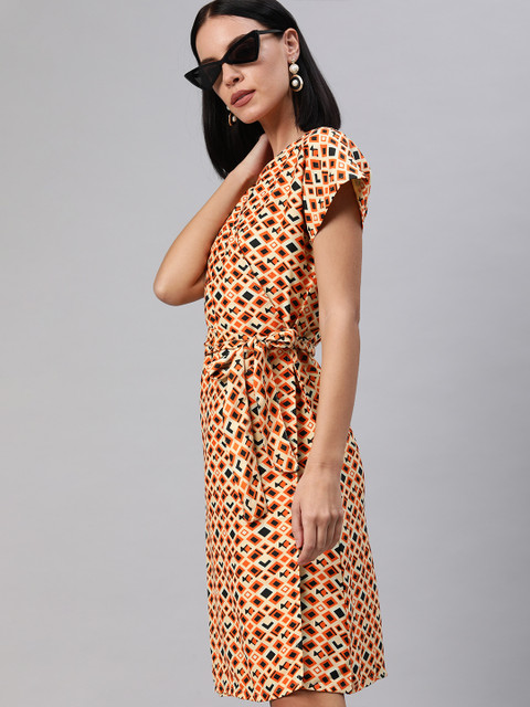 

HERE&NOW Women Orange & Beige Geometric Printed Wrap Dress