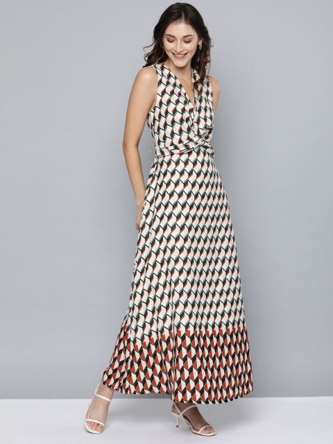 

HERE&NOW Women Multicoloured Geometric Printed Maxi Dress with Front Knot, Multi