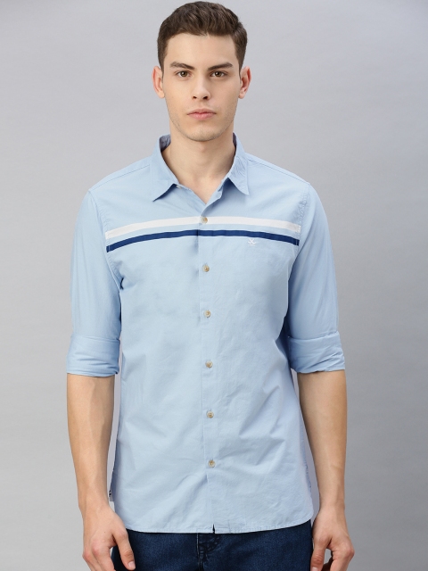 

WROGN Men Blue Slim Fit Solid Casual Shirt With Striped Detailing