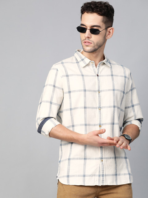 

WROGN Men Off-White & Blue Slim Fit Windowpane Check Casual Shirt