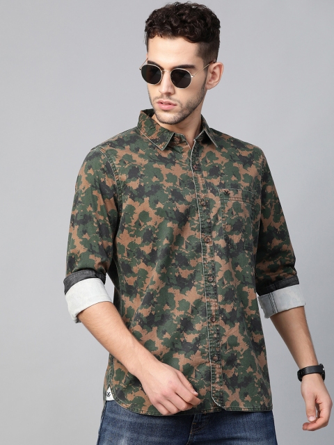 

WROGN Men Green & Brown Slim Fit Camouflage Print Casual Shirt