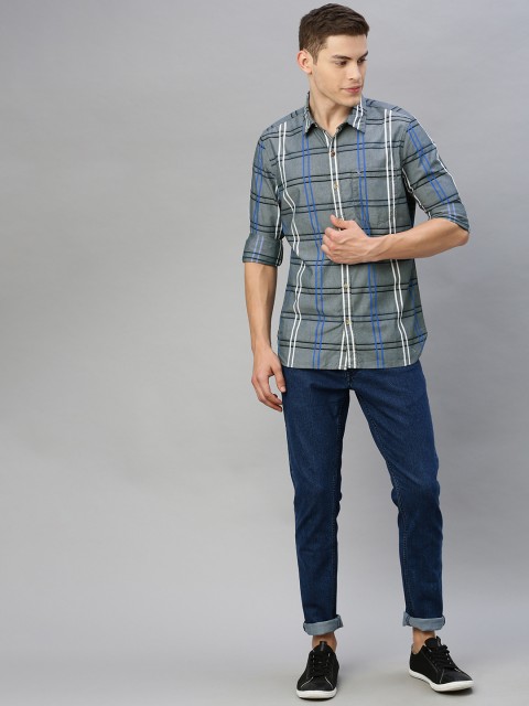 

WROGN Men Grey & Blue Slim Fit Checked Casual Shirt