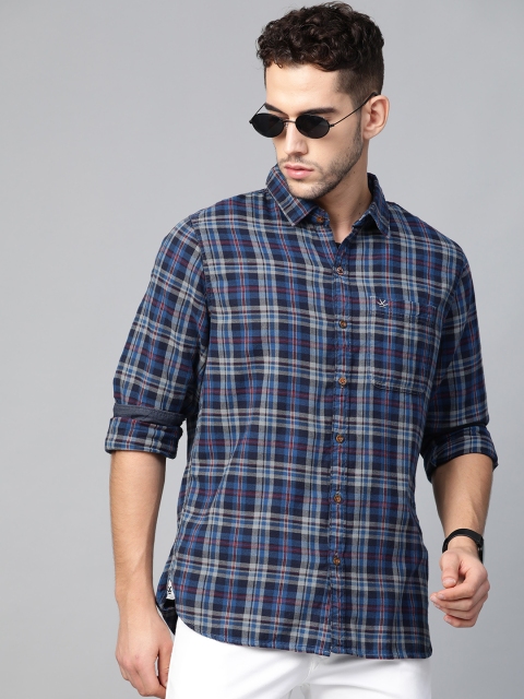 

WROGN Men Navy Blue & Grey Slim Fit Checked Casual Shirt