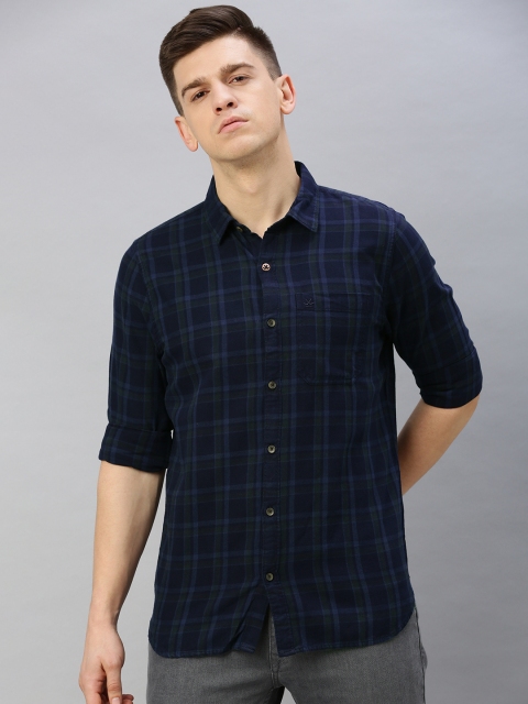 

WROGN Men Navy Blue & Olive Green Slim Fit Checked Casual Shirt