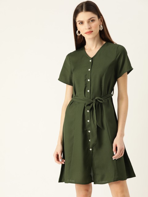 

her by invictus Women Olive Green Solid A-Line Dress