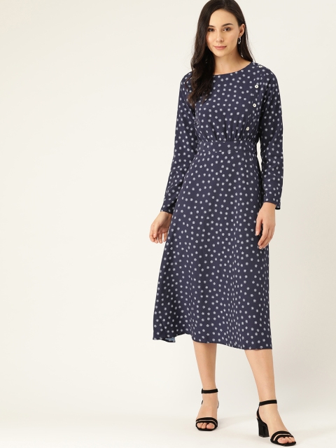 

her by invictus Women Navy & Off-White Printed A-Line Dress, Navy blue