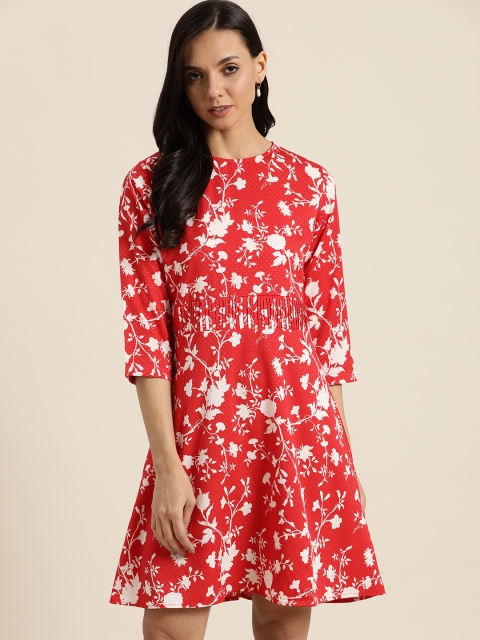 

her by invictus Women Red & White Floral Print A-Line Dress