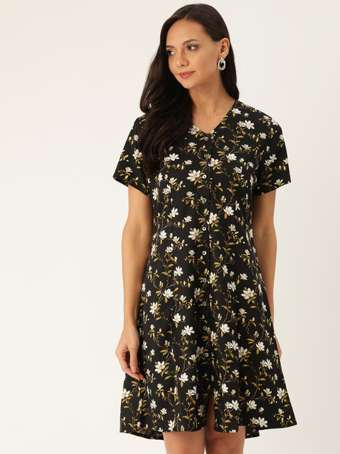 

her by invictus Women Black & White Floral Print A-Line Dress