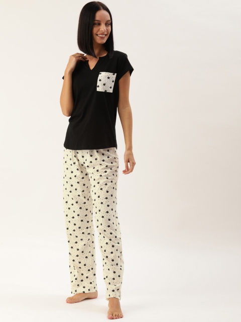 

Slumber Jill Women 2 Pc Black & Off-White Floral Printed Night Suit Set