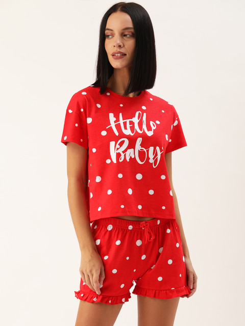 

Slumber Jill Women 2 Pc Red & White Polka Dots Printed Night Suit Set