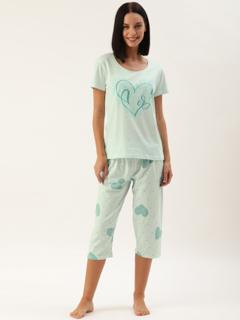 

Slumber Jill Women 2 Pc Sea Green Conversational Printed Night Suit Set
