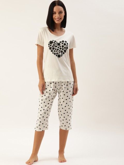 

Slumber Jill Women 2 Pc Off-White & Black Floral Printed Night Suit Set