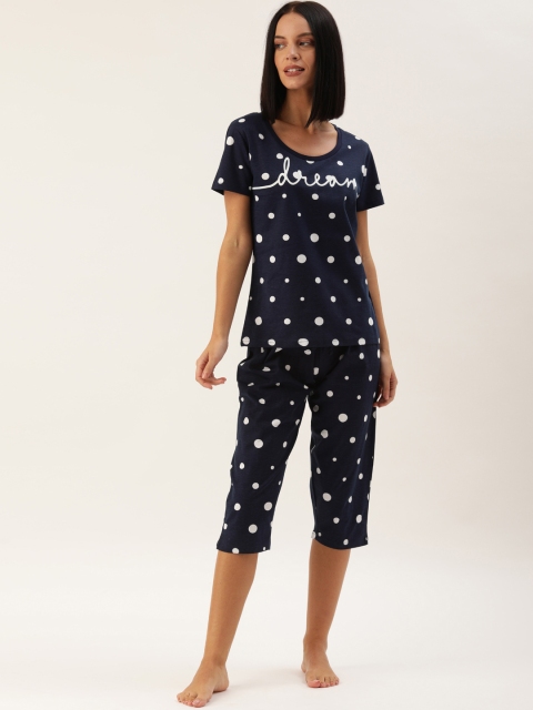 

Slumber Jill Women 2 Pc Navy Blue & White Polka Dots Printed Night Suit Set