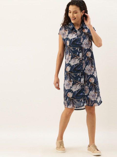 

NUSH Women Blue & White Floral Printed Shirt Dress