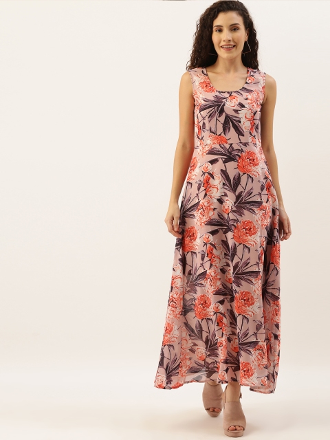 

NUSH Women Peach-Coloured & Black Floral Printed Maxi Dress