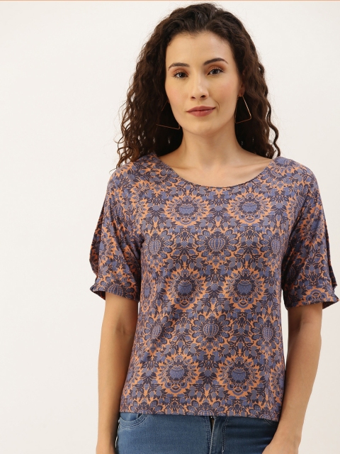

NUSH Women Peach-Coloured & Blue Printed Round Neck T-shirt