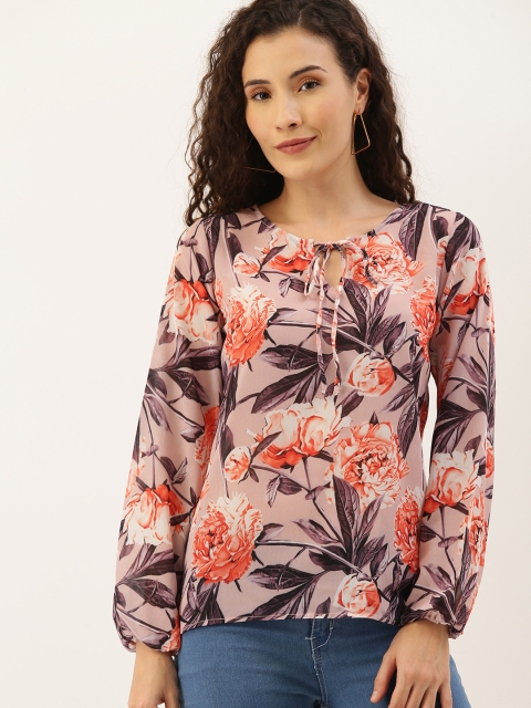 

NUSH Women Peach-Coloured & Purple Tropical Print Top