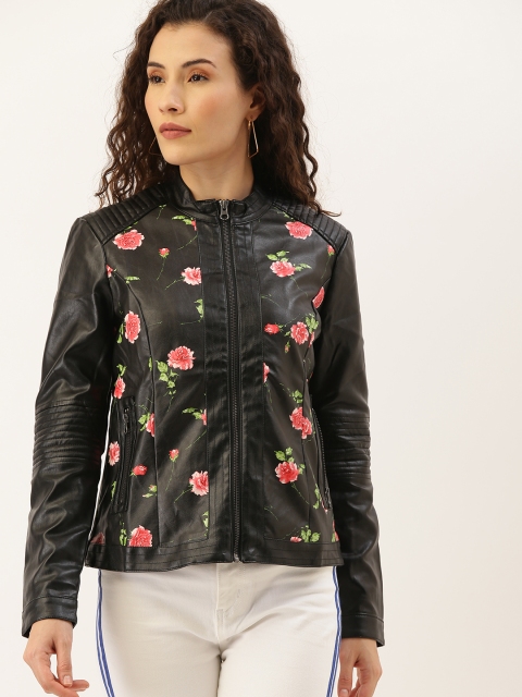 

NUSH Women Black & Red Floral Printed Lightweight Biker Jacket
