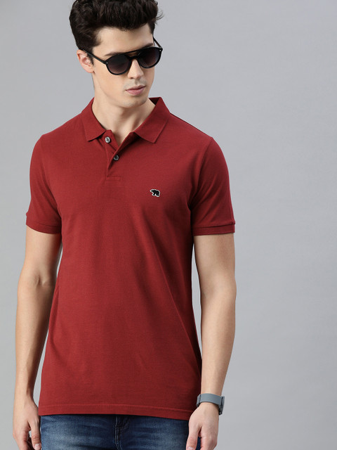 

THE BEAR HOUSE Men Red Solid Polo Collar Pure Cotton T-shirt