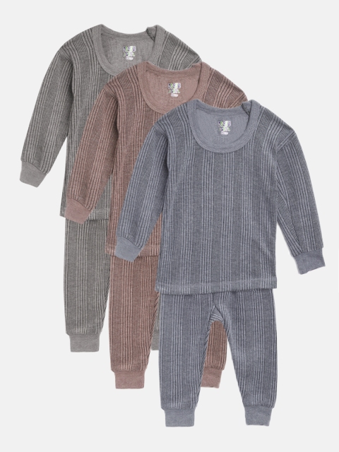 

KUCHIPOO Kids Pack of 3 Self Striped Thermal Sets, Grey