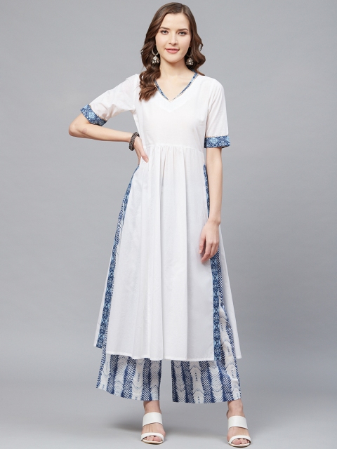 

SIAH Women White & Blue High Slit Solid Kurta with Palazzos