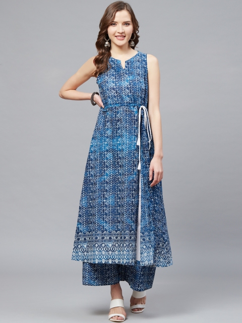 

SIAH Women Blue & White Printed High-Slit Kurta with Palazzos
