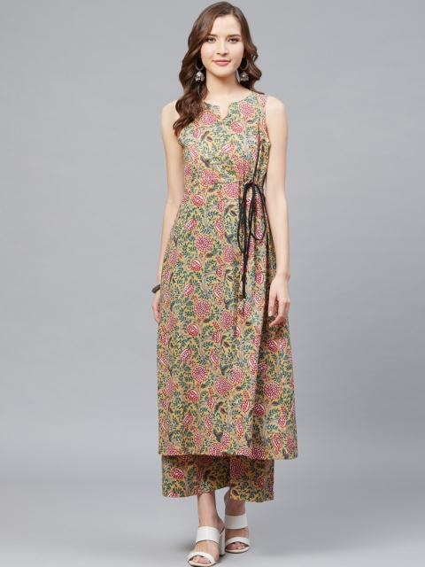 

SIAH Women Beige & Maroon Ditsy Floral Print High-Slit Kurta with Palazzos