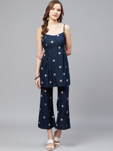 

SIAH Women Navy Blue & White Printed Kurti with Palazzos