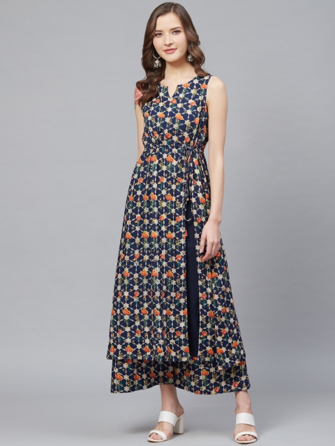 

SIAH Women Navy Blue & Orange Floral Print High-Slit Kurta with Palazzos