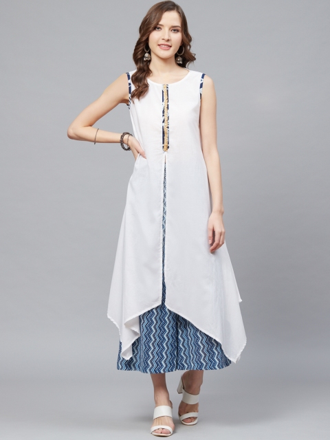 

SIAH Women White & Blue Solid Front-Slit Asymmetric Kurta with Palazzos