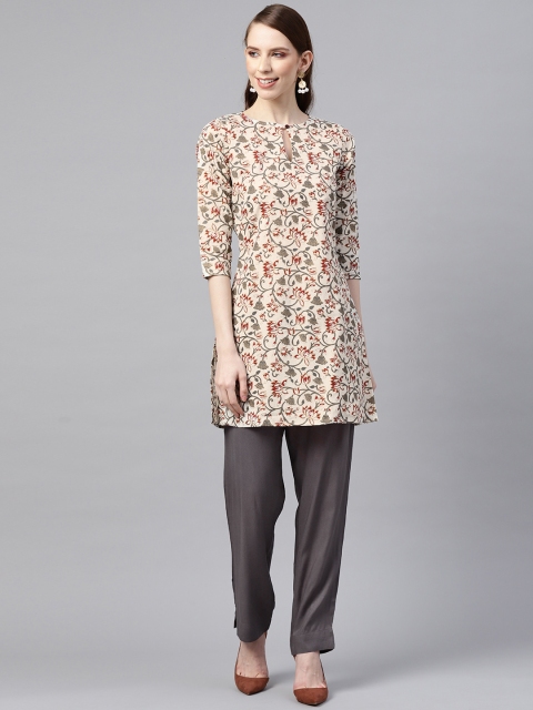 

SIAH Women Off-White & Grey Floral Printed Kurti with Trousers