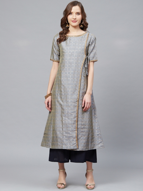 

SIAH Women Grey & Navy Blue Checked Layered Kurta with Palazzos