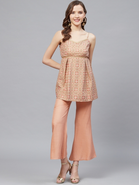 

SIAH Women Beige & Maroon Printed Kurti with Palazzos