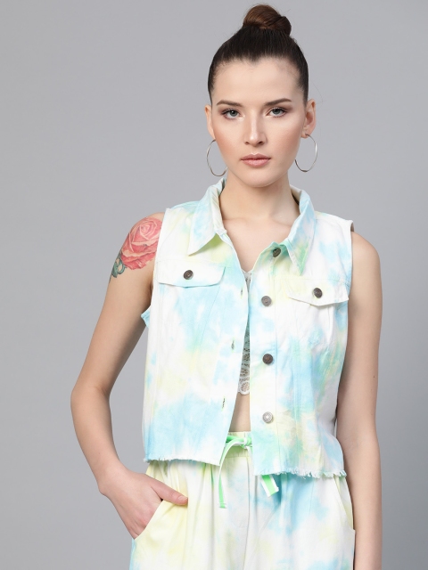 

SASSAFRAS Women Off-White & Blue Dyed Tailored Jacket