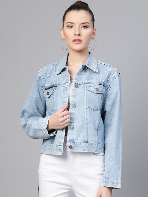 

SASSAFRAS Women Blue Studded Washed Denim Jacket