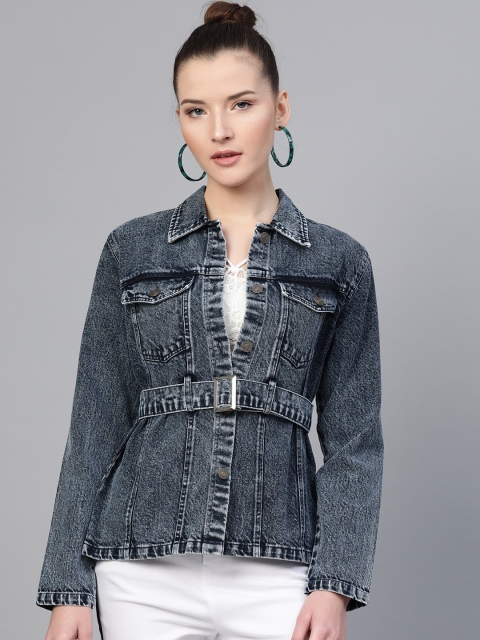 

SASSAFRAS Women Navy Blue Acid Wash Solid Denim Jacket With Belt